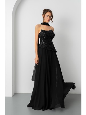 Lafaba Kadın Siyah Straplez Pul Payet Piliseli Uzun Abiye Elbise