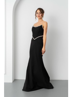 Lafaba Kadın Siyah Straplez Taşlı Peplum Kesim Söz Nişan Nikah Abiye Elbise