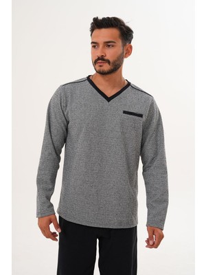 Çift Kaplan Erkek Çitli Desen V Yaka Siyah Pijama Takımı 8018