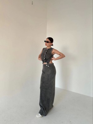 Bosel Uzun Etekli Önü Düğmeli Badi Ikili Takım- Antrasit