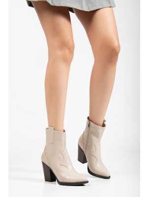 Zerenyus ZRİN-117 Premium Bej Kovboy Dikiş Detaylı Fermuarlı Topuklu Günlük Kadın Bot
