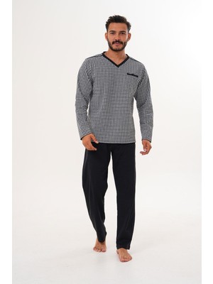 Çift Kaplan Erkek Kazayağı Desen V Yaka Beyaz Pijama Takımı 8036