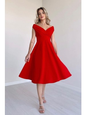 Mossta Düşük Omuz Eteği Volanlı Krep Elbise - Kırmızı