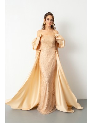 Lafaba Kadın Bej Kayık Yaka Saten Kuyruklu Uzun Boncuklu Abiye