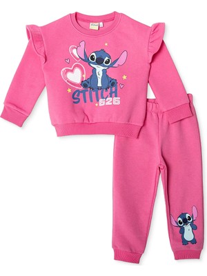 Lilo ve Stitch Kız Bebek Eşofman Takımı Şardonlu Üç Iplik Bisiklet Yaka Uzun Kol Lastikli Paça