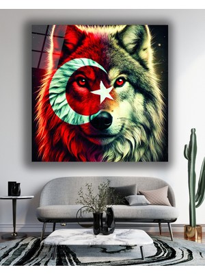Marsilyan Bozkurt ve Türk Bayrağı Kare Cam Tablo