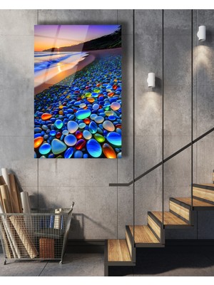 Marsilyan Sahilde Çakıl Taşları Cam Tablo