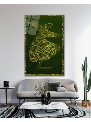 Marsilyan Mevlana Semazen Yeşil Sarı Renkli Cam Tablo