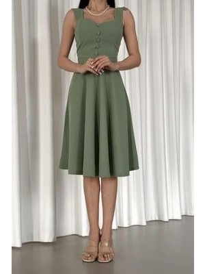 Mossta Düğme Detaylı Kloş Elbise Mint