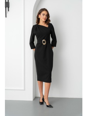 Lafaba Kadın Siyah Kemer Detay Midi Davet Elbisesi