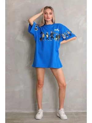 Bosel Unisex Bisiklet Yaka Baskılı Oversize T-Shirt - Mavi