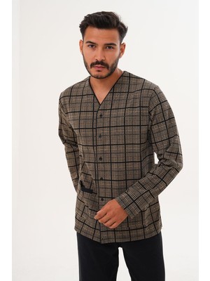 Çift Kaplan Erkek Siyah Çizgili Önden Düğmeli Kahverengi Pijama Takımı 8027