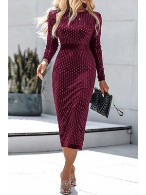 Mossta Uzun Kollu Taşlı Midi Kadife Elbise - Bordo