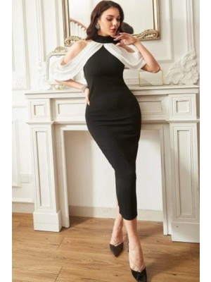 Mossta Omuz Dekolteli Balıkçı Yaka Midi Krep Elbise - Siyah