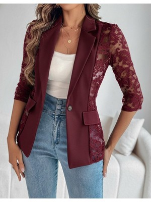 Arben Boutique Kadın Uzun Kollu Truvakar Kol Önden Düğmeli Cepli Dantelli Atlas Ceket