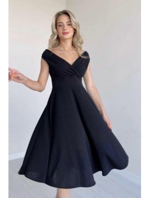 Mossta Düşük Omuz Eteği Volanlı Krep Elbise - Siyah