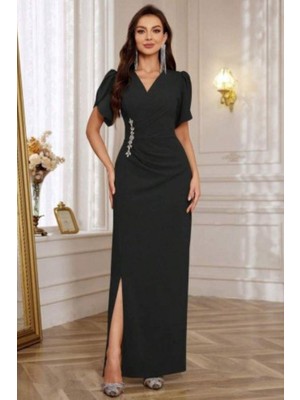 Mossta Sim Taş Detaylı Yırtmaçlı Kruvaze Yaka Abiye Elbise - Siyah