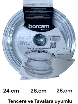 Paşabahçe Borcam Tencere Tava Kapak Cam Tava Tencere Kapağı 24CM 26CM 28CM Çoklu Tencere Cam Kapak