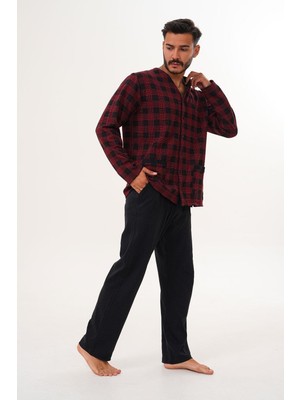 Çift Kaplan Erkek Damalı Önden Düğmeli Bordo Pijama Takımı 8021