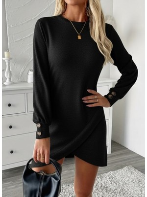 Arben Boutique Kadın Uzun Kollu Bisiklet Yaka Önden Asimetrik Kesim Detaylı Mini Yumoş Elbise