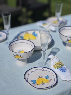 Megg 1 Adet El Yapımı El Boyaması Şekilsiz Formlu 21CM Seramik Tabak - Limon Desenli \'\'buongiorno\'\'