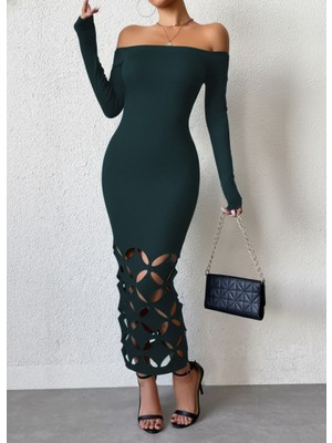 Ezel Glory Kadın Madonna Yaka Uzun Kollu Lazer Çiçek Kesim Detaylı Uzun Ithal Krep Elbise