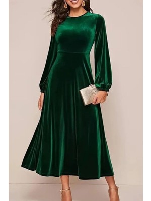 Mossta Yuvarlak Yaka Kadife Kumaş Midi Elbise - Yeşil