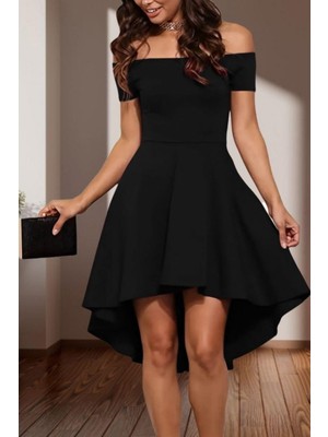 Mossta Madonna Yaka Asimetrik Etek Detaylı Ithal Krep Elbise - Siyah