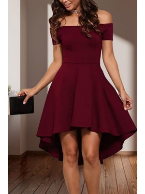 Mossta Madonna Yaka Asimetrik Etek Detaylı Ithal Krep Elbise - Bordo