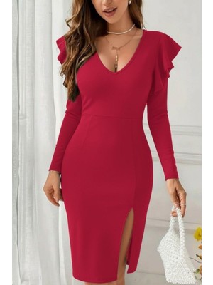 Mossta V Yaka Fırfırlı Yırtmaçlı Midi Ithal Krep Elbise - Kırmızı