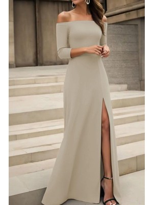 Mossta Madonna Yaka Yırtmaçlı Uzun Ithal Krep Elbise - Bej