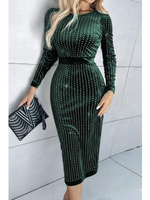 Mossta Uzun Kollu Taşlı Midi Kadife Elbise - Yeşil