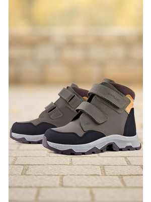 Rakerplus Trekking Hakiki Deri Haki Yeşil Sarı Cırt Cırtlı Erkek Çocuk Bot