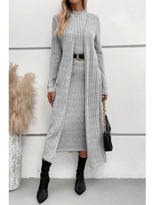 Mossta Dik Yaka Şardonlu Midi Elbise Hırka Ikili Takım Gri