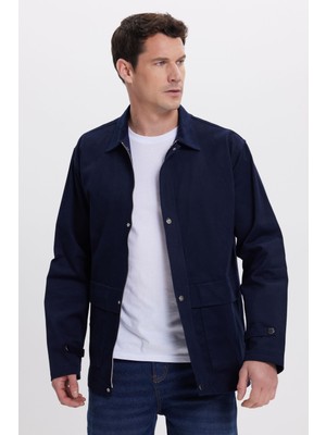 Tudors Erkek Relax Fit Rahat Kesim %100 Pamuk Çift Cepli Fermuarlı Lacivert Mont Gömlek