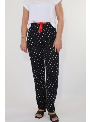 Bukadınca Siyah Pijama Tek Alt Beyaz-Kalpli