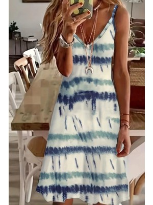 Mossta V Yaka Askılı Desenli Süprem Elbise - Mavi