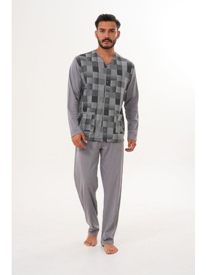 Çift Kaplan Erkek Çilli Desen Önden Düğmeli Gri Pijama Takımı 8032
