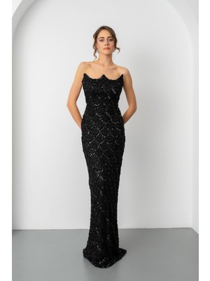 Lafaba Kadın Siyah Straplez Boncuk Işlemeli Uzun Abiye Elbise