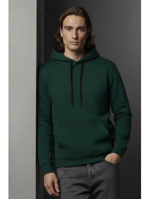 buğrahayalin Unisex Kışlık Koyu Yeşil Üç Iplik Şardonlu Pamuklu Kalın Basic Kapüşonlu Hoodie Sweatshirt