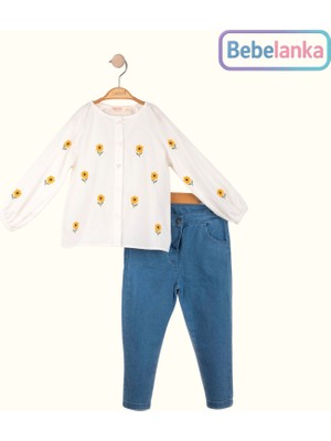 Necix's Kız Çocuk Ayçiçeği Nakışlı Düğmeli Gömlek ve Esnek Kot Pantolon 2'li Takım