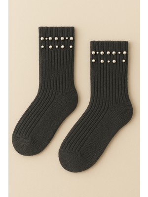 Kadın Inci Aksesuarlı Fitilli Soket Çorap Gri