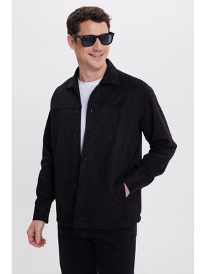 Tudors Erkek Relax Fit Rahat Kesim Düz Süet Yan Cepli siyah Ceket Gömlek