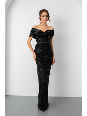 Lafaba Kadın Siyah Yaka Organze Detay Pul Payetli Uzun Abiye Elibse