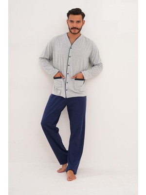Çift Kaplan Erkek Düz Önden Düğmeli Gri Pijama Takımı 8002