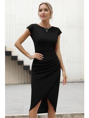 Mossta Bisiklet Yaka Drapeli Midi Boy Krep Elbise - Siyah