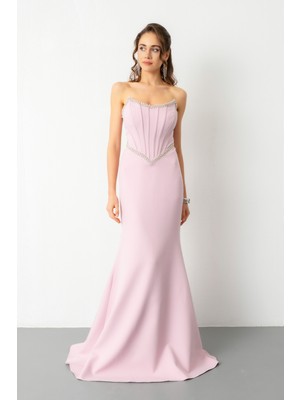 Lafaba Kadın Pudra Straplez Taşlı Peplum Kesim Söz Nişan Nikah Abiye Elbise