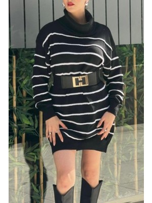 Mossta Degaje Yaka Çizgili Sonya Iplik Mini Boy Triko Elbise (Kemersiz) Siyah