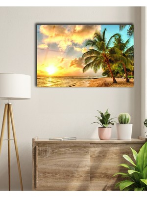 Marsilyan Gün Batımı Deniz Palmiye Manzara Cam Tablo