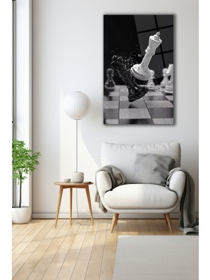 Marsilyan Satranç Şahların Savaşı Dikey Cam Tablo Ev Ofis Salon Duvar Dekoru Siyah Beyaz Hediyelik Büyük Tablo